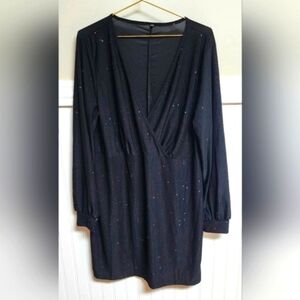 Double V-Neck Surplice Front Long Sleeve Sparkling Black Dress Size 2XL -NWOT